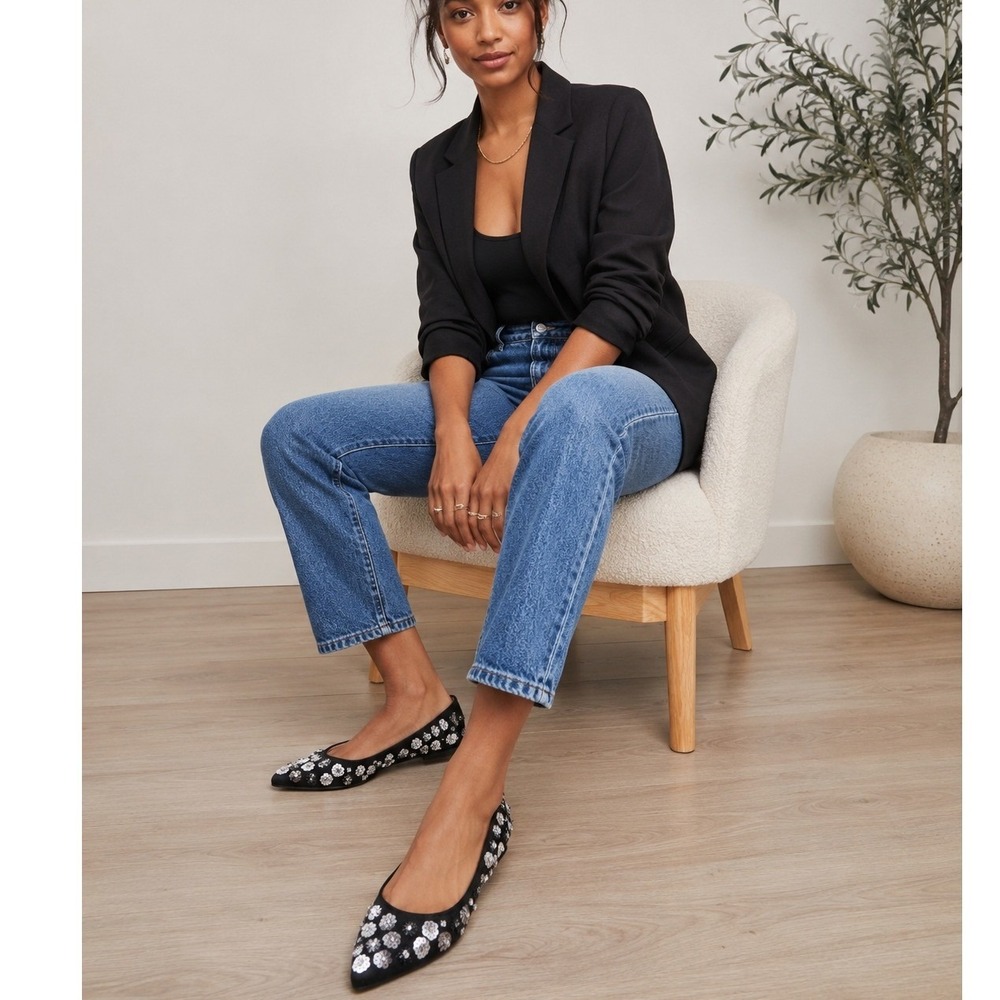 Topshop Black Embellished Pointed Toe Ballet Flats Women's EU 36 US 6 Sequin